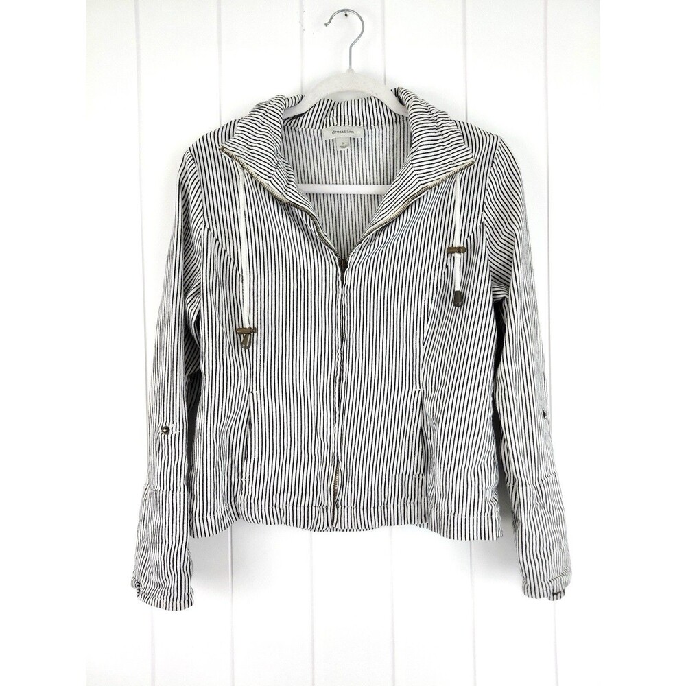 Dressbarn Black & White Stripe Drawstring Tie Cotton Utility Jacket Small